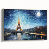 Vintage poster art of a Paris landscape in colorful hues on a black framed canvas, ideal for living room decor.