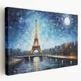 Paris skyline with Eiffel Tower on large stretched canvas in muted gray and blue tones, suitable for kitchen wall art.