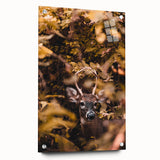 Large abstract wall art on acrylic glass depicting swirling autumn colors, ideal for bedroom or dining room decor.