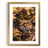 Extra large abstract art print in textured gold tones, framed with a mat, ideal for living room decor.