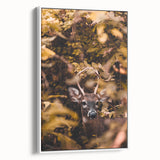 Vintage poster art of colorful fall scenery in extra large white-framed canvas, ideal for living room decor.