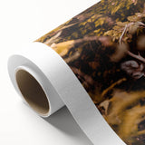 Art deco poster of autumn trees in orange and brown tones on rolled canvas, suitable as nursery wall art.