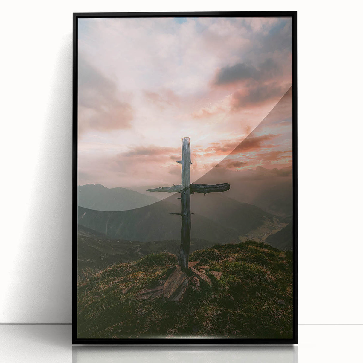 Large abstract wall art in vibrant spring hues on acrylic, framed in black, ideal for modern living room decor.