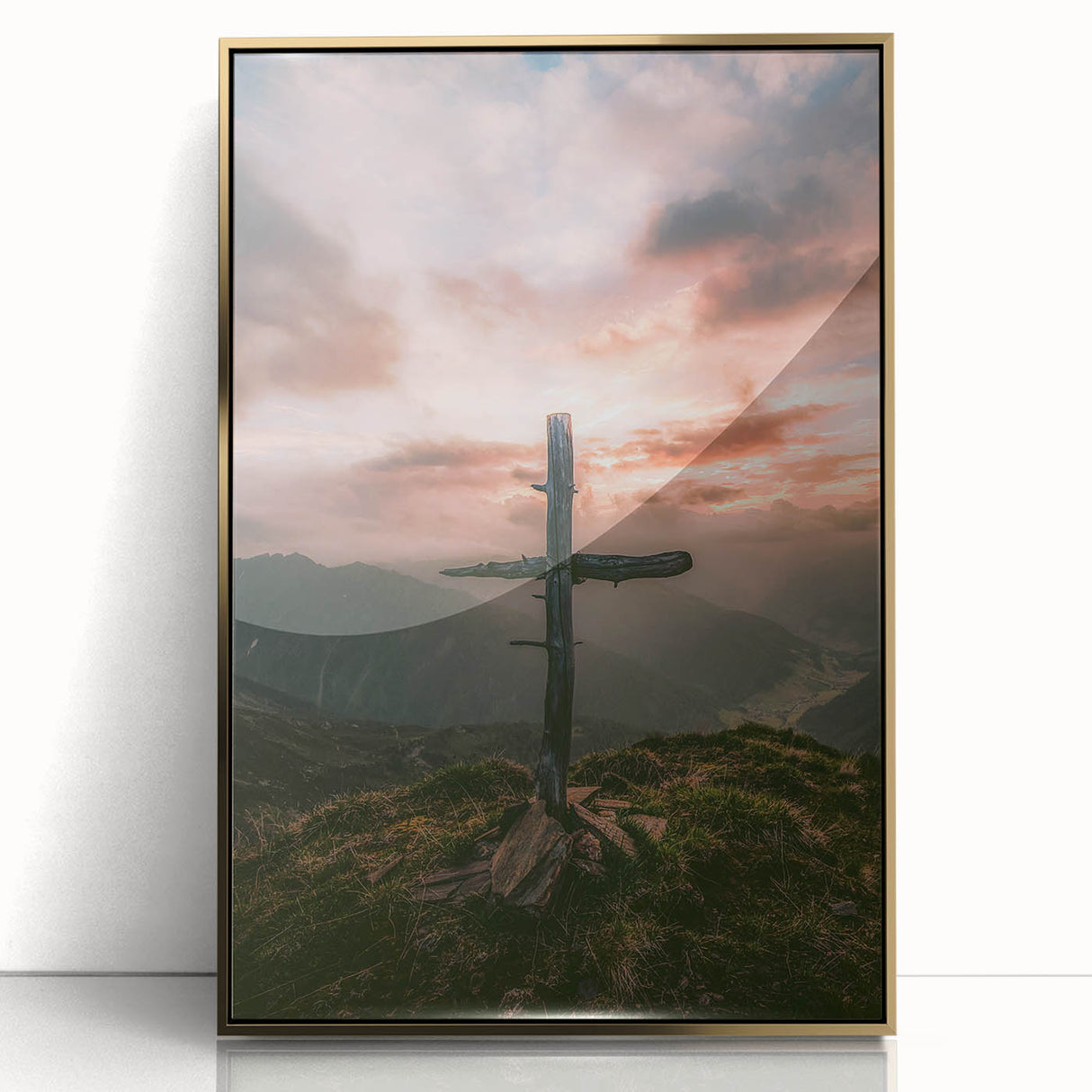Mid-century modernist spring scene in pastel shades on a framed acrylic, ideal for nursery wall art.