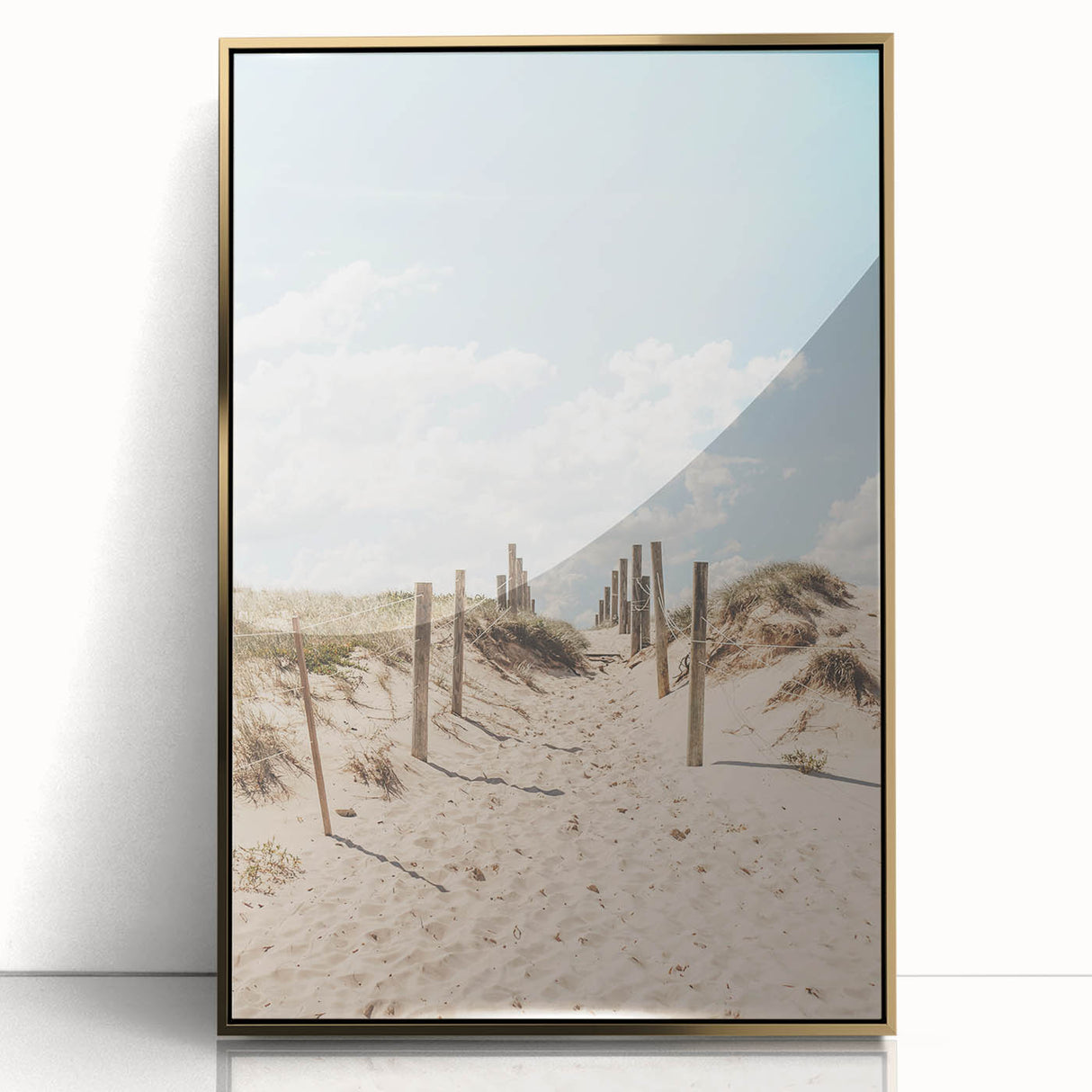 Large art print of a mid-century modernist summer scene in vibrant colors on acrylic, framed in gold.