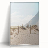 Art Deco poster of summer scene with vibrant blue and green palette, framed in white acrylic, ideal for nursery wall art.