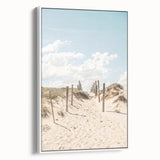 Vintage poster art featuring a colorful summer design on an extra-large framed canvas, set against a black backdrop.