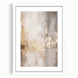 Abstract art print depicting winter themes in muted blue and white tones, framed with a white mat.