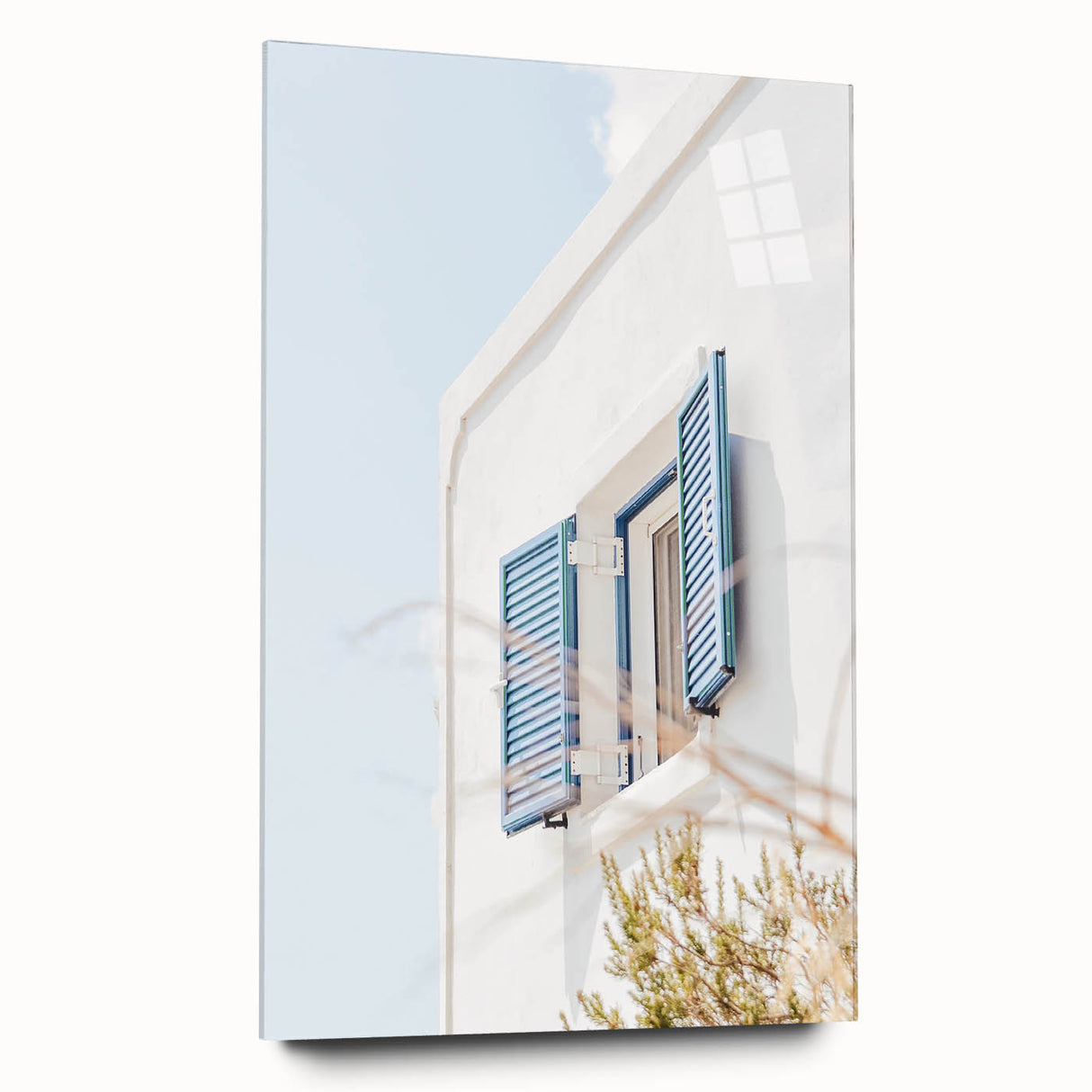 Large abstract wall art in vibrant orange and blue tones on acrylic glass, ideal for bedroom or dining room decor.