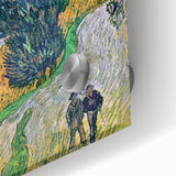 Large abstract wall art print on acrylic glass, featuring swirling blue and yellow tones, ideal for dining room decor.