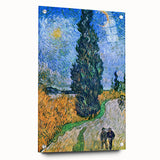 Large abstract wall art on acrylic glass depicting Van Gogh-inspired swirls in vibrant blues and yellows.