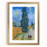 Abstract art print featuring swirling blue and yellow patterns on a gold-framed canvas.