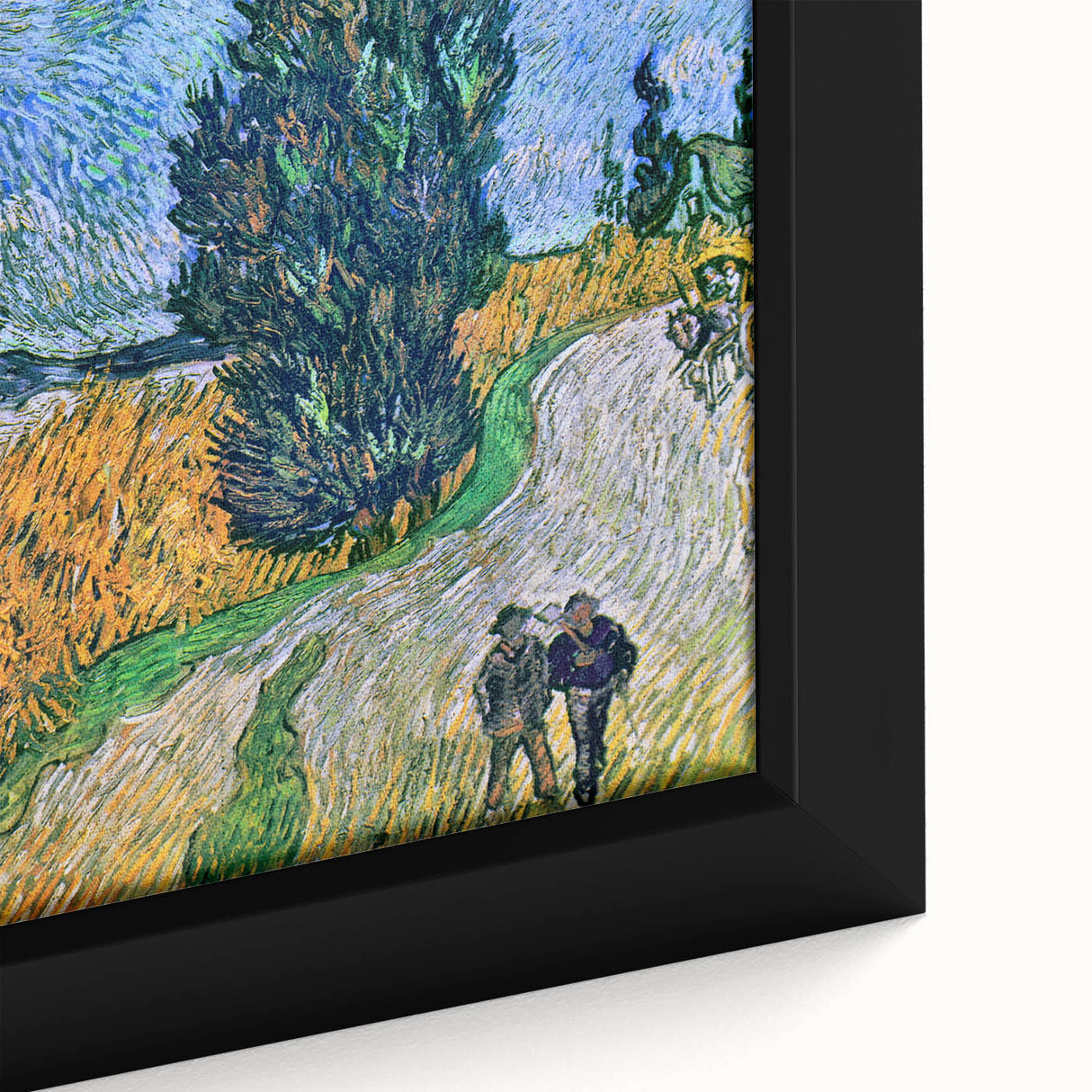 Close-up of a textured, extra large framed canvas depicting a colorful abstract design in black, ideal for living room decor.