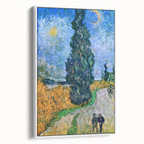 Vintage poster art of Van Gogh's painting on a white framed canvas, featuring vibrant colors, ideal for living room decor.