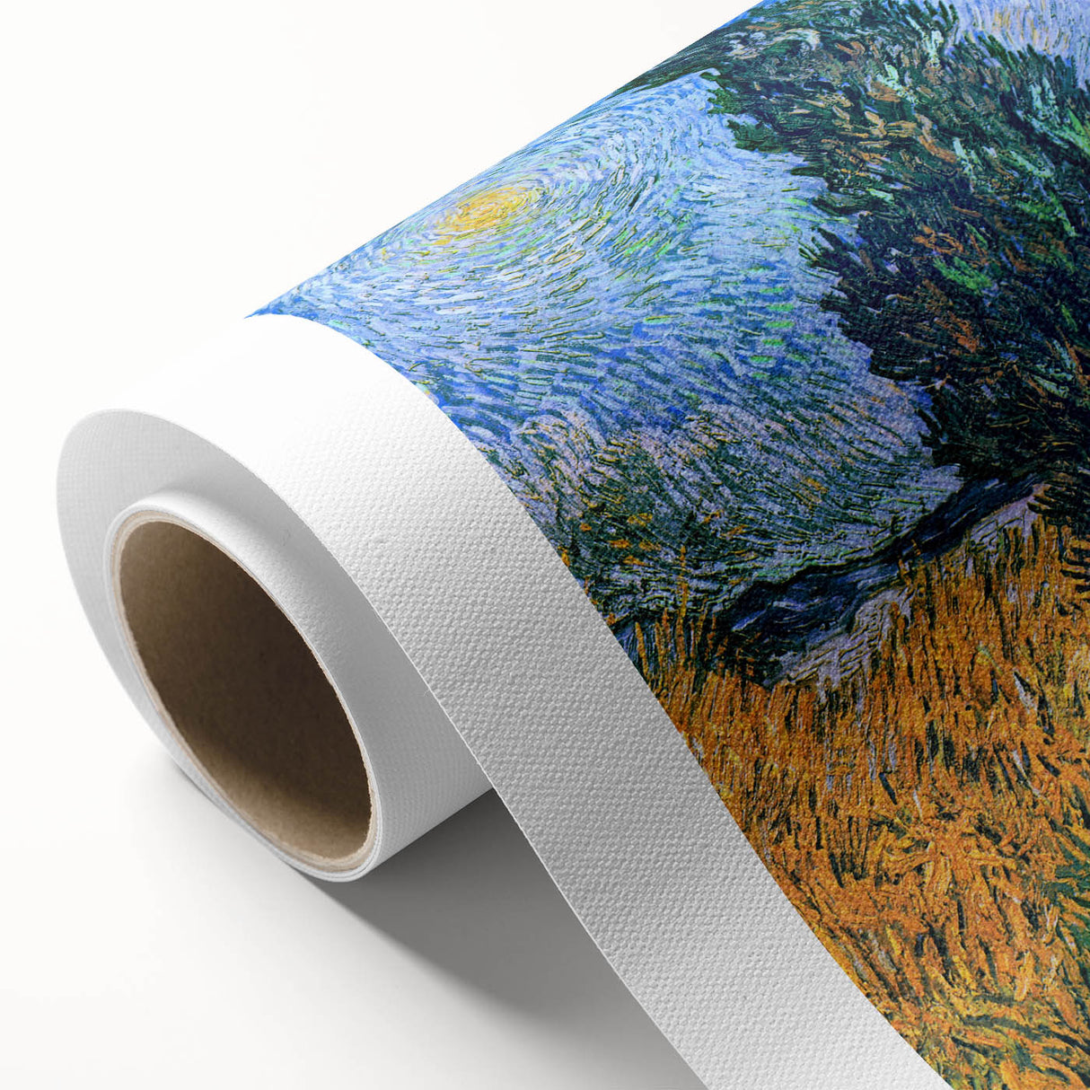 Art deco poster of a Van Gogh painting on rolled canvas, featuring vibrant blue and yellow tones.