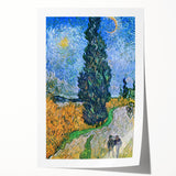 Vincent van Gogh inspired floral art on rolled canvas, featuring vibrant blues and yellows, ideal for art wall dining room.