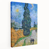 Vincent van Gogh-inspired painting on stretched canvas, featuring swirling blue and yellow tones.