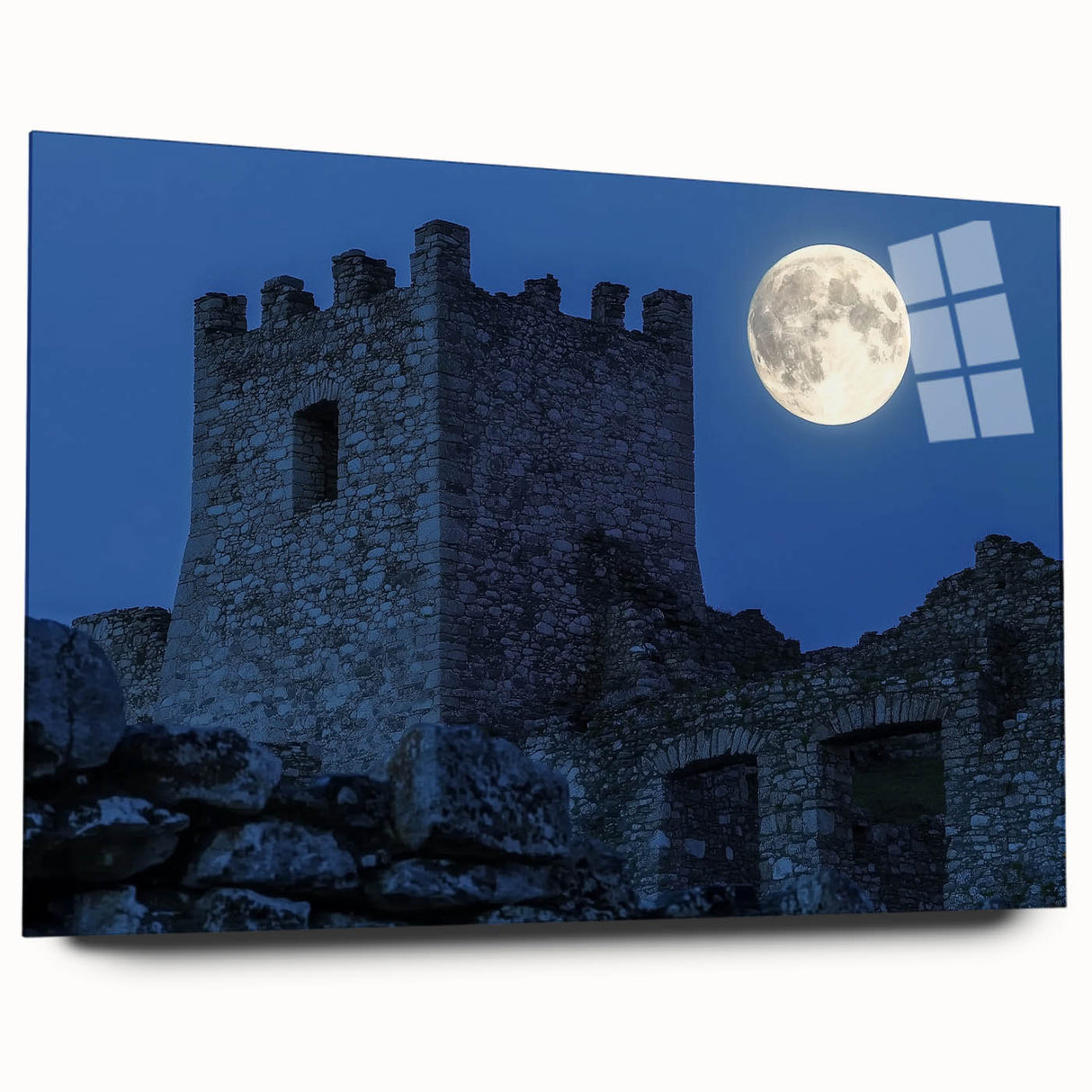 Acrylic glass artwork showcasing a stunning side view of a majestic castle set against a vibrant landscape, perfect for home decor enthusiasts.