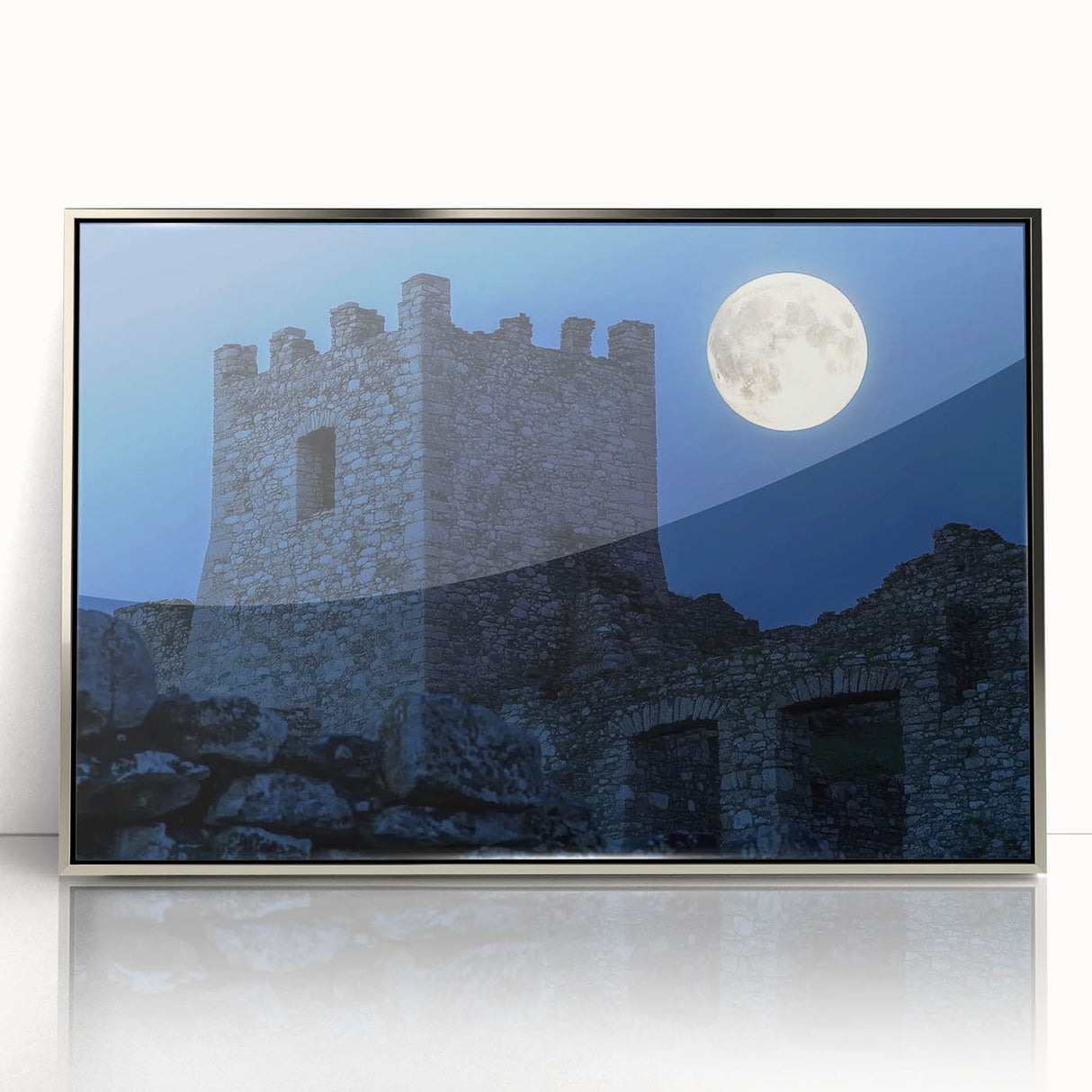 Framed acrylic artwork showcasing a picturesque landscape with a majestic castle, set against a serene backdrop of blue skies and lush greenery. This elegant piece enhances any interior decor and serves as a stunning focal point in living spaces.