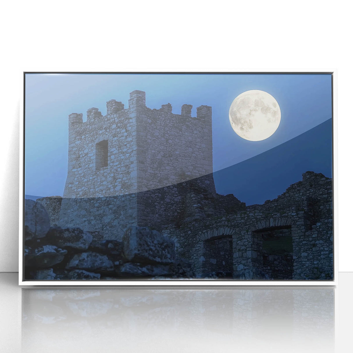 Framed acrylic landscape artwork showcasing a majestic castle surrounded by lush greenery, presented in a sleek white frame, ideal for home decor.