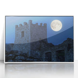 Framed acrylic landscape artwork showcasing a majestic castle surrounded by lush greenery, presented in a sleek white frame, ideal for home decor.