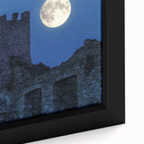 Close-up of a framed canvas depicting a picturesque landscape with a majestic castle surrounded by lush greenery, showcasing vibrant colors and intricate details.