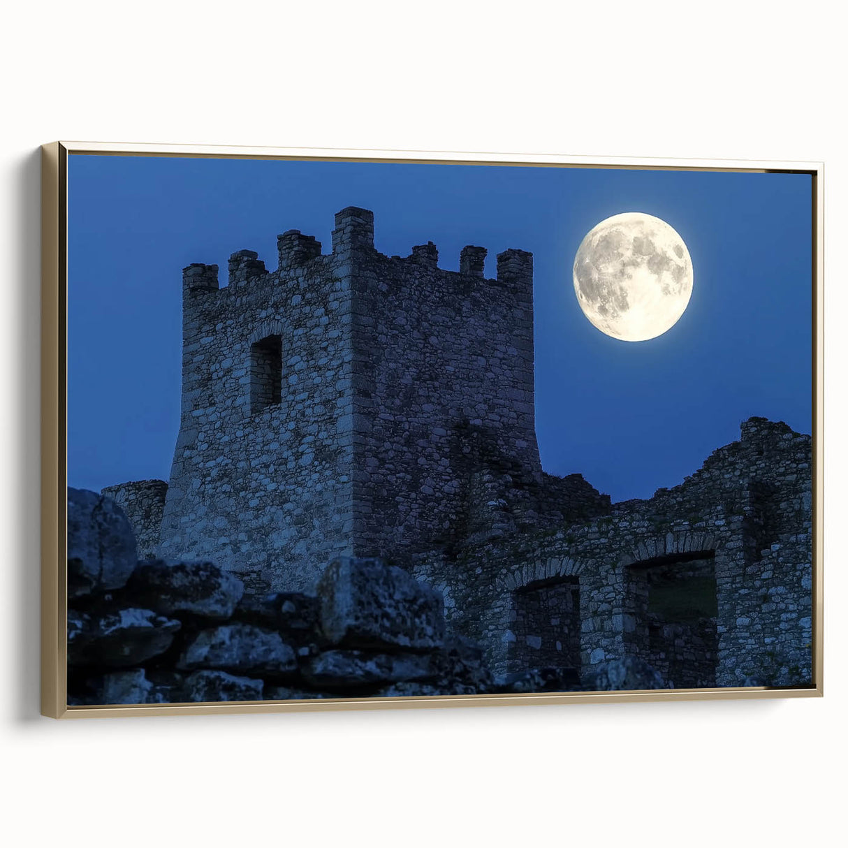 Framed canvas print showcasing a majestic landscape with a castle, elegantly bordered in gold, highlighting intricate details and rich colors, perfect for enhancing home decor.