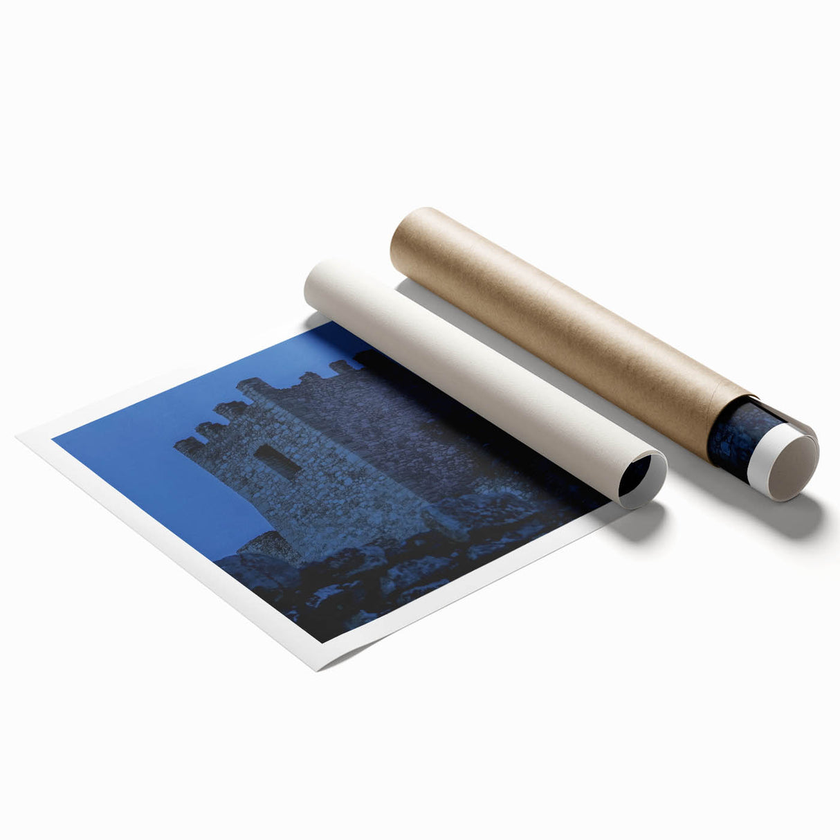 Stunning rolled print of a picturesque landscape featuring a majestic castle surrounded by lush greenery and a dramatic sky, perfect for home decor or art enthusiasts.