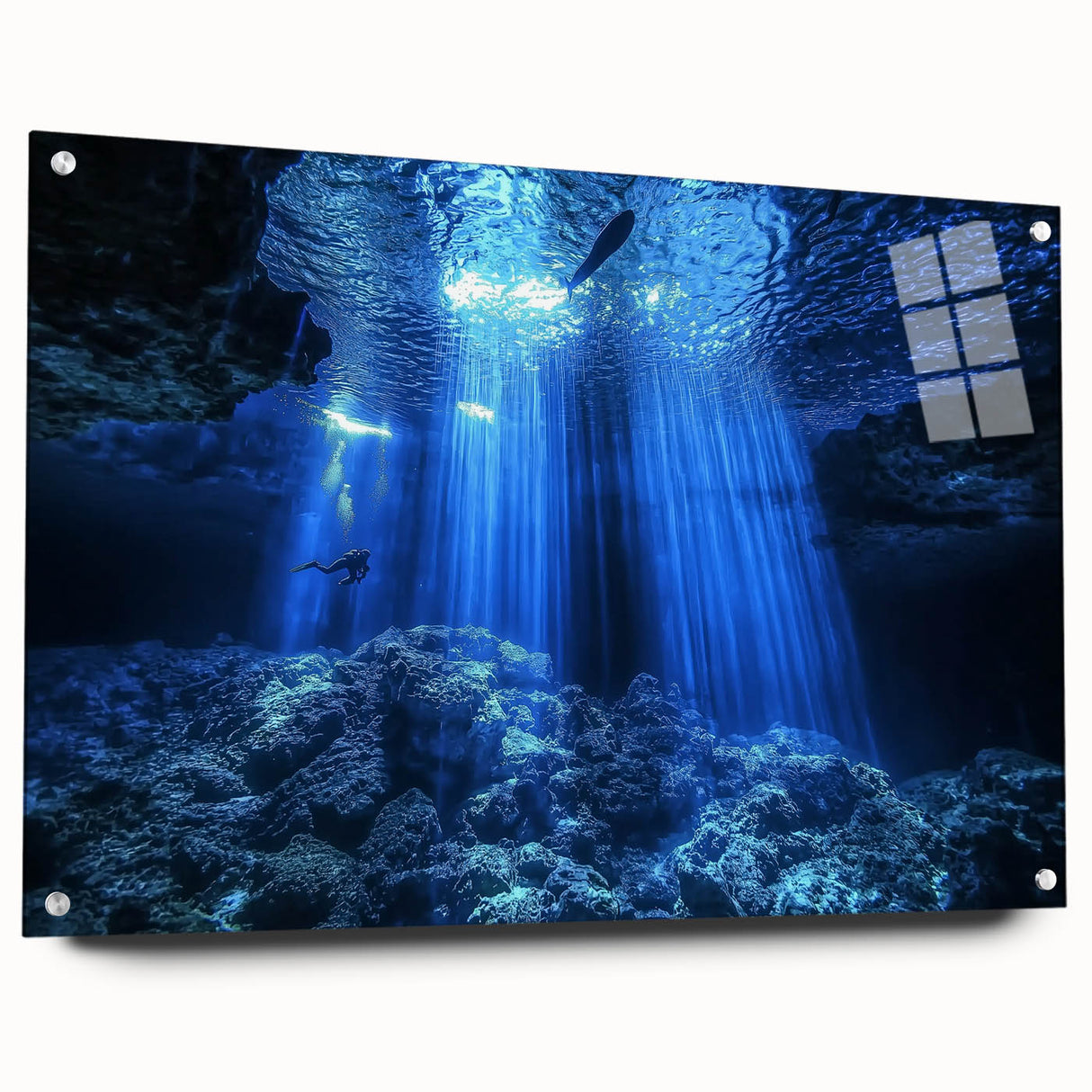 Acrylic glass artwork depicting a stunning landscape scene with intricate cave details, showcased in a side view with stylish pins, ideal for modern decor.