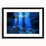 Black-framed landscape print displaying intricate cave formations, showcasing earthy tones and textures, perfect for enhancing modern interior decor.