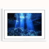 Framed landscape artwork depicting a serene cave scene with a white mat, ideal for home decor, showcasing natural colors and detailed textures. Perfect for enhancing living spaces.