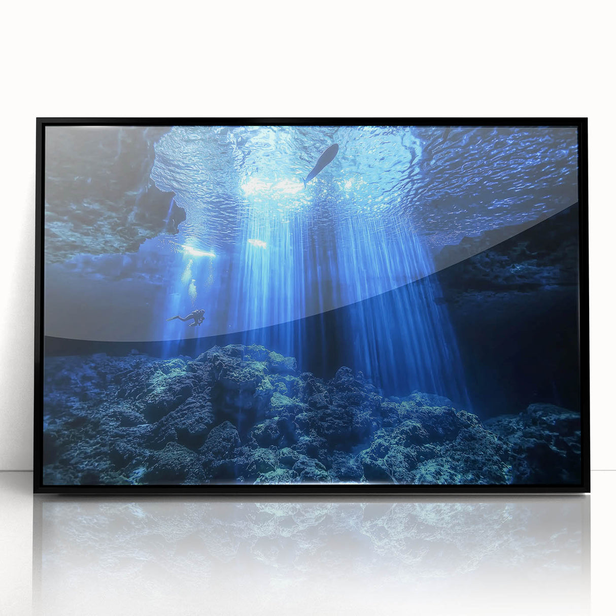 Framed acrylic artwork depicting a serene cave landscape with rich earthy tones, showcasing intricate details and textures, perfect for modern home decor.