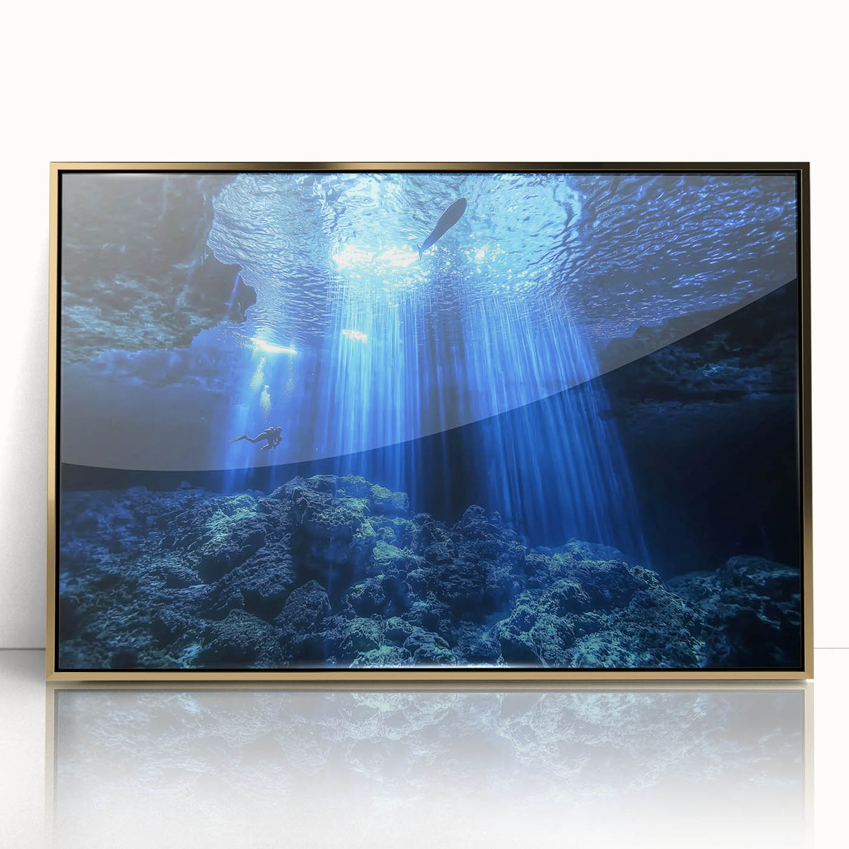 Framed acrylic artwork showcasing a stunning landscape with intricate cave details, finished in gold, perfect for modern home decor and art enthusiasts.