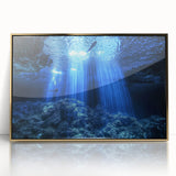 Framed acrylic artwork showcasing a stunning landscape with intricate cave details, finished in gold, perfect for modern home decor and art enthusiasts.