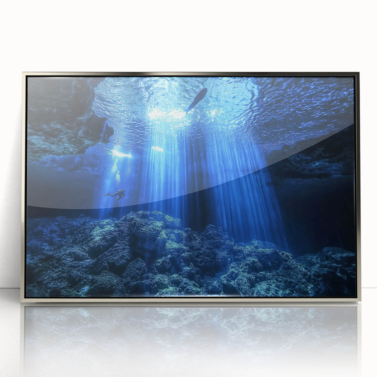 Framed acrylic artwork showcasing a stunning silver cave landscape, highlighting intricate details and textures, perfect for modern home decor.