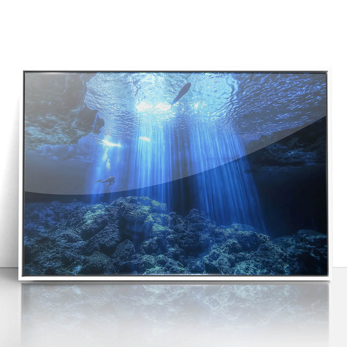Framed acrylic artwork depicting a serene landscape with caves, showcasing vibrant colors and intricate details, ideal for enhancing modern home decor.