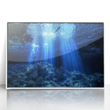 Framed acrylic artwork depicting a serene landscape with caves, showcasing vibrant colors and intricate details, ideal for enhancing modern home decor.