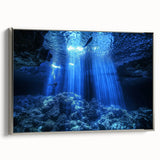 Framed canvas artwork depicting a serene cave landscape with silver accents, showcasing detailed textures and earthy tones, ideal for modern home decor.