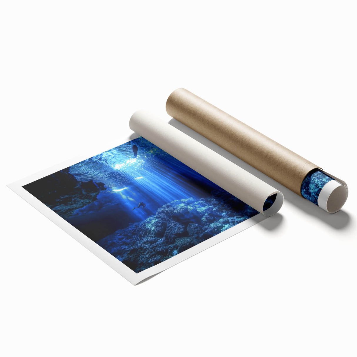 Vibrant rolled print showcasing a stunning landscape with intricate cave formations, highlighting earthy tones and natural textures, perfect for home decor.