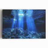 Vibrant stretched canvas artwork depicting a serene landscape with intricate cave formations, showcasing rich colors and textures, ideal for modern home decor.