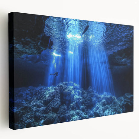 Stretched canvas artwork showcasing a dramatic landscape of caves in earthy tones, ideal for home decor. Perfect for adding a natural touch to any room.