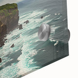 Close-up view of an acrylic glass artwork depicting vibrant landscapes with dramatic cliffs, showcasing intricate details and vivid colors, ideal for modern decor.