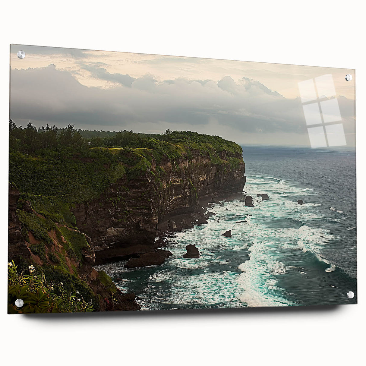 Acrylic landscape artwork showcasing dramatic cliffs in vibrant colors, displayed in a sleek glass frame with pins, perfect for modern home decor accents.