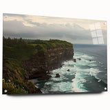 Acrylic landscape artwork showcasing dramatic cliffs in vibrant colors, displayed in a sleek glass frame with pins, perfect for modern home decor accents.