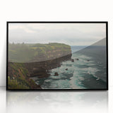 Framed acrylic artwork depicting a dramatic cliffside landscape, featuring vibrant colors and intricate details, perfect for modern home decor or office spaces.