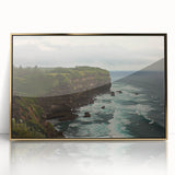 Framed acrylic artwork showcasing a stunning landscape of dramatic cliffs with golden hues, ideal for modern home decor and art enthusiasts. Perfect for adding elegance to any room.