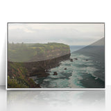 Framed acrylic artwork showcasing a stunning landscape of rugged cliffs against a vibrant sky, designed to enhance modern home decor with its striking colors and details.