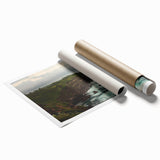 Scenic landscape canvas print depicting majestic cliffs at sunset, showcasing vibrant colors and intricate details, rolled up for easy transport and display.