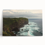 Stretched canvas artwork showcasing a vibrant landscape with dramatic cliffs and a serene sky, ideal for home decor in modern or rustic settings. Perfect for enhancing living spaces with natural beauty.