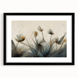 Muted Blue & Gold Floral Elegance - Contemporary Living Room Art